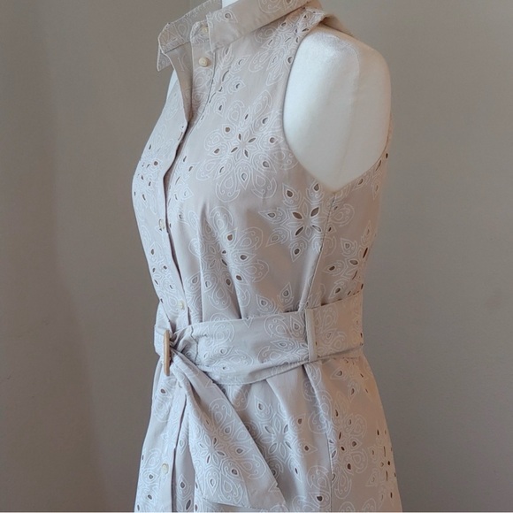 Zara Beige Cutwork Embroidered Sleeveless Belted Cotton Mini Shirt Dress Med NEW - Picture 8 of 12